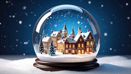 Miniature winter village sits inside a snow globe on a snowy surface against a dark blue backdrop, creating a magical and festive atmosphere.