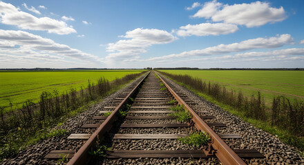 Old railway tracks stretch into a green field under a blue sky