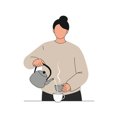 Vector art of a person pouring hot beverage from a teapot into a cup