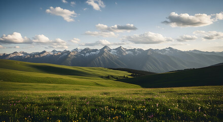Naklejka premium Vast green mountain landscape with dramatic sky and distant snow capped peaks