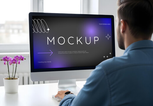 Computer Screen Mockup With Man Working