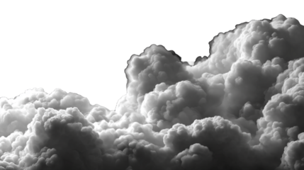 A dramatic cluster of fluffy white clouds with soft textures, isolated on transparent  background