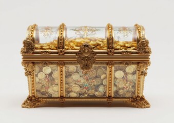 Ornate gold-toned treasure chest with glass panels