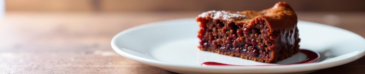 Rich, dark fruitcake pudding slice on pristine white plate; ample copy space , background, comfort food, dessert