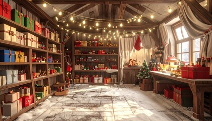 Santa's workshop filled with colorful presents and twinkling lights creates a magical and festive atmosphere in the cozy attic on Christmas eve.