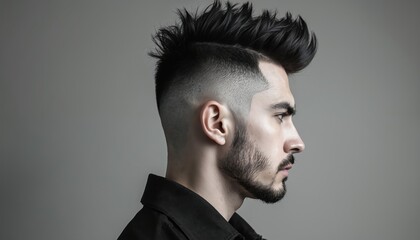 Men sharp mohawk fade haircut features textured top styled into subtle spikes. Modern masculine hairstyle, urban chic look, creative grooming detail. Expresses individuality, youth, confidence, style.