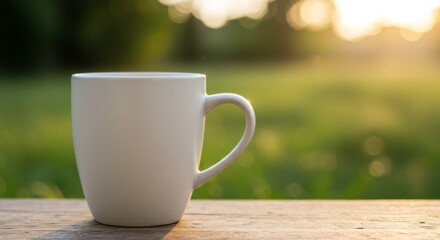 White Mug on Wooden Surface with Soft Focus Green Background