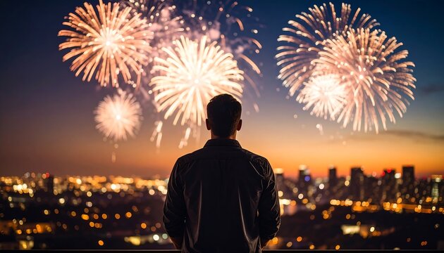 Man watching fireworks explode over a city at night with celebrating a special moment. - Powered by Adobe