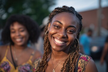 Close-up of a young woman with braided hair smiling outdoors at a social gathering