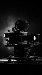 Vintage film camera shrouded in smoke, captured in dramatic monochrome light