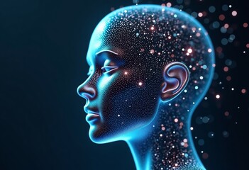 Obraz premium Futuristic abstract digital human face. The concept of artificial intelligence and cybersecurity Copy space