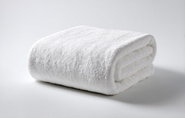 Folded white plush towel on plain white background