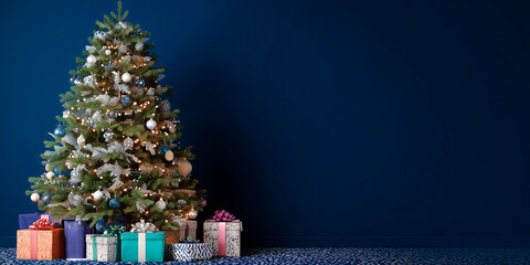 a Christmas tree on the right of the image with Christmas presents at the foot of the tree, the background is navy blue