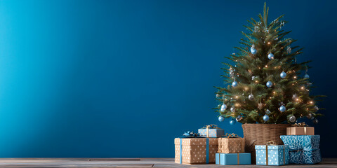 a Christmas tree on the right of the image with Christmas presents at the foot of the tree, the background is navy blue