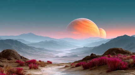 Desolate landscape with a large red and yellow planet in the sky. The sky is blue and the sun is setting