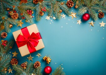 Top view, Christmas, gift box with red ribbon, Christmas pine tree branches, blank space