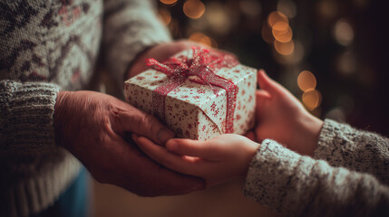 The hands of a child receiving a gift box for Christmas