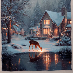 A beautiful Christmas night scene with snow falling , a cozy house in the background and a deer drinking from a small pond