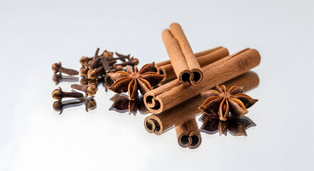 Aromatic spices cinnamon sticks cloves and star anise on reflective surface