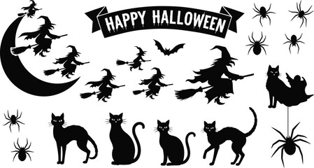 Obraz premium Happy halloween silhouette set featuring witches brooms, black cats, spiders, bats, and a festive banner