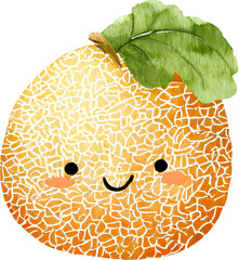 Cute Kawaii Cartoon Cantaloupe Melons with Smiling Faces and Green Vines