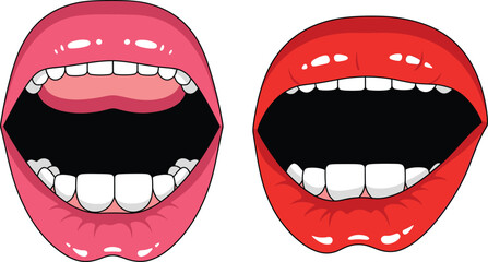 Vector illustration of two cartoon open mouths with glossy lips, teeth, and tongue, perfect for pop art, comics, and design