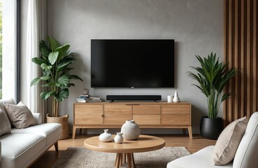 Modern living room features Scandinavian, boho style interior design. White fabric sofa sits beside round accent coffee table, opposite TV unit against stucco wall. Large green plants add natural