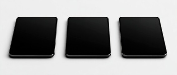 Three black smartphones displayed on a white surface