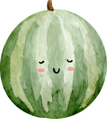 Cute Kawaii Cartoon waterelon with Smiling Faces and Green Vines