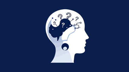 Minimalist vector illustration featuring a brain inside a head shaped like a question mark with bold white text “World Alzheimer’s Day 21th September” on a dark blue background