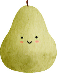 Cute Kawaii Cartoon pear with Smiling Faces and Green Vines