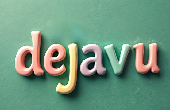 Conceptual word dejavu spelled with colorful, puffy letters on textured green background. Visual represents neurological anomaly, feeling of familiarity past experience. Letters smooth, rounded,