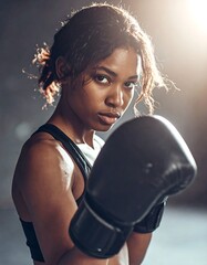 Woman boxer in dark studio