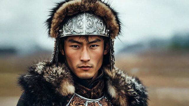 A warrior in traditional armor with fur trim stares fiercely into the camera.