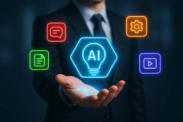 Businessman holding an ai light bulb icon surrounded by various app icons, representing artificial intelligence in business, innovation, and digital transformation for future technology