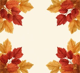 Autumn leaves frame.  Colorful, detailed leaves in shades of red and gold, arranged in a square frame against a light beige background.  A delicate, artistic depiction of fall foliage