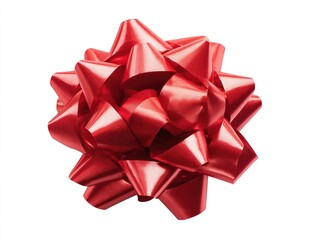 A vibrant, glossy red ribbon bow, tightly knotted and centered on a white background