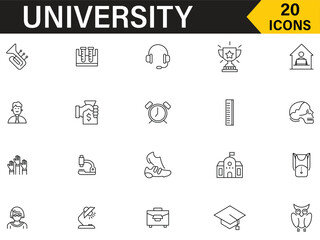 University icons set. Set of 20 icons related to higher education, classroom, students, teacher, diploma, academic, cap, graduation, bachelor, scholarship, graduate and more outline symbol.