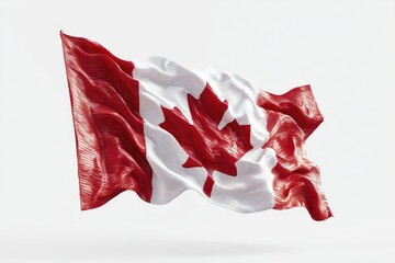A dynamic Canadian flag billows in the wind against a plain white background. 