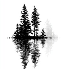 Silhouette of trees on an island, mirrored in water