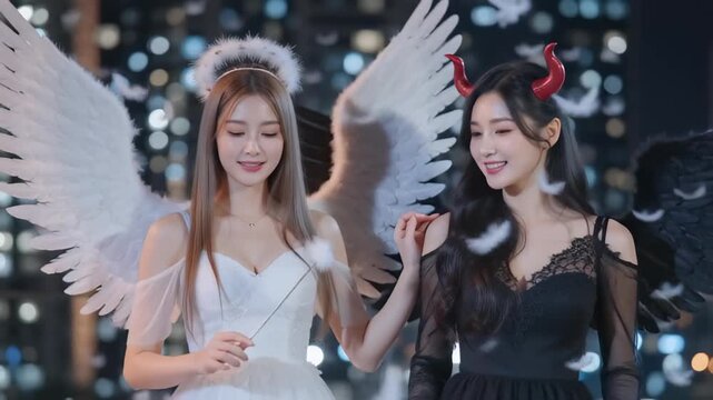 Two women dressed as angel and devil in a playful interaction against a city night backdrop
