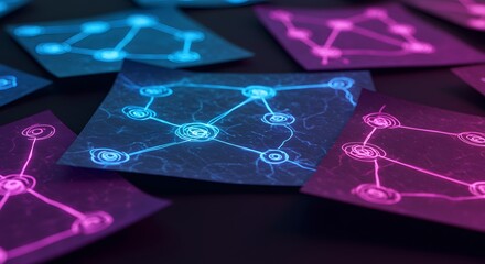 Abstract network connections on colorful cards with a dark background.