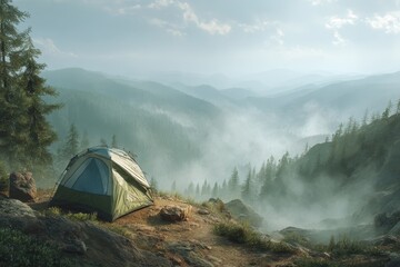 Soothing mountain camping spot with vibrant green tent surrounded by misty valleys and towering pine trees at dawn, inviting peaceful retreat in nature's embrace