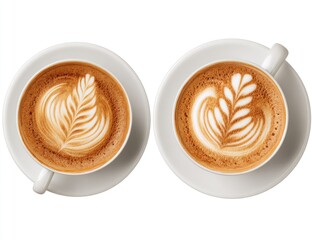Two latte art coffees in white cups