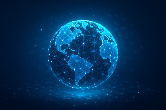 A radiant blue earth globe with a web of glowing lines and dots connecting various continents, symbolizing a global network and communication system