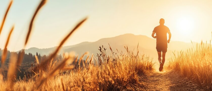 Silhouette runs. Fitness activity. Path. Field with mountain and rising sun. Morning sunlight on outdoor workout. Health in nature.