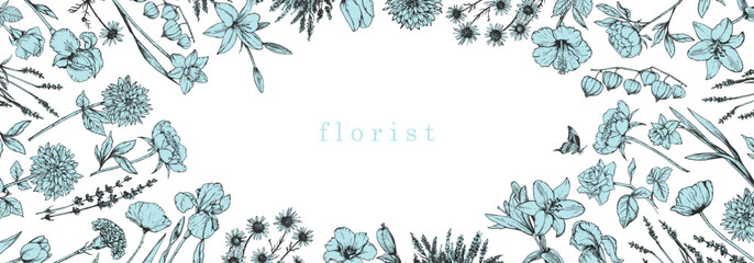 Flower Shop. Florist. Hand-drawn illustration of flowers. Ink. Vector	