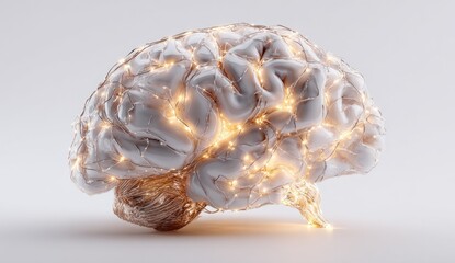 3D model of a brain, illuminated with glowing neural pathways