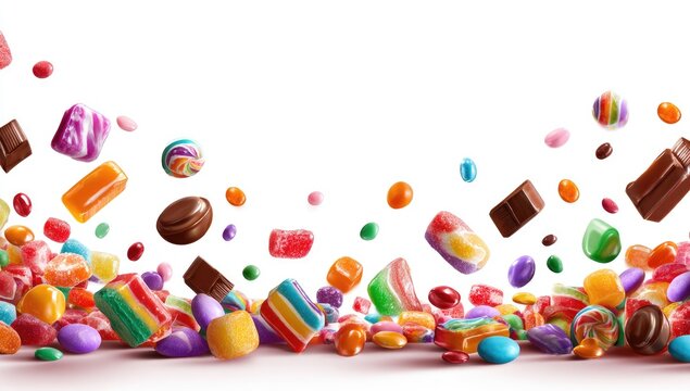 Colorful candy explosion against white background