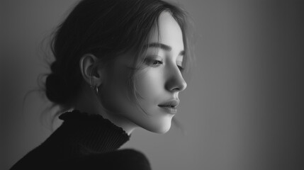 Elegant black and white portrait of woman in profile
